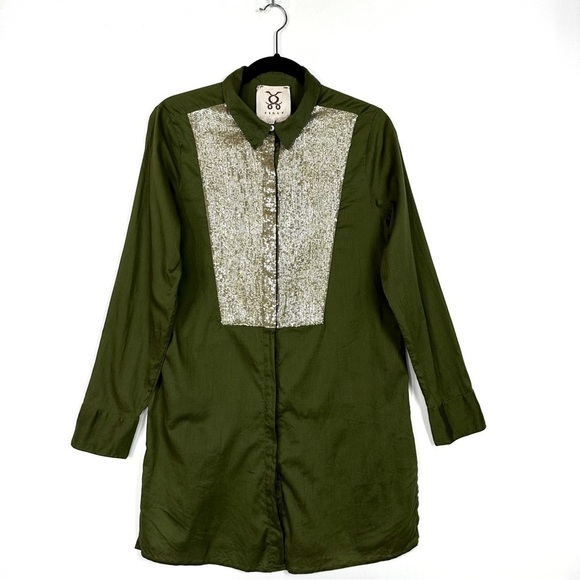 Figue Silver Sequins Embellished Button Down Shirt Tunic In Olive Green Size M - Picture 6 of 10